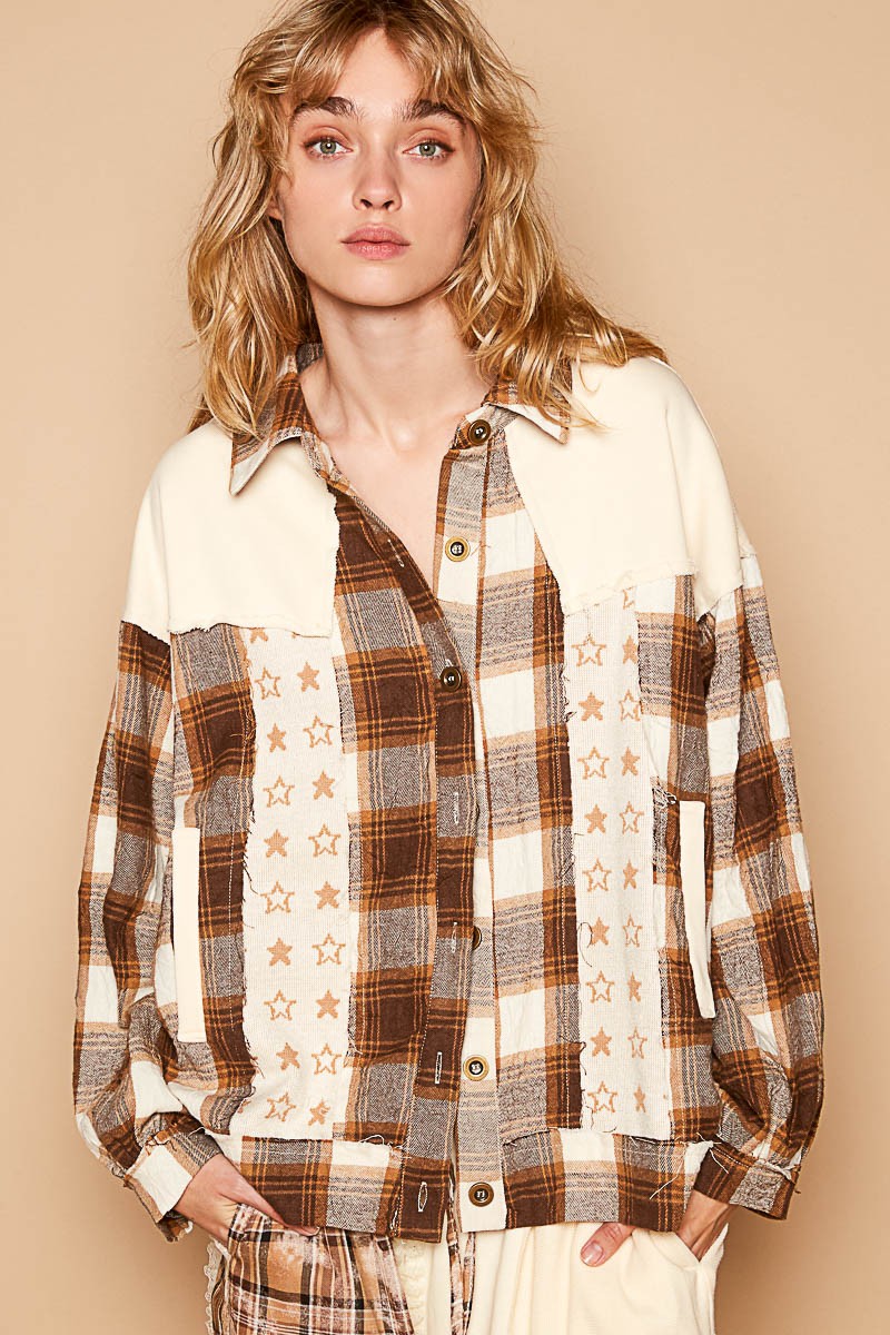 POL Plaid & Star Patchwork Contrast Long Sleeve Shacket - Brittney MADE