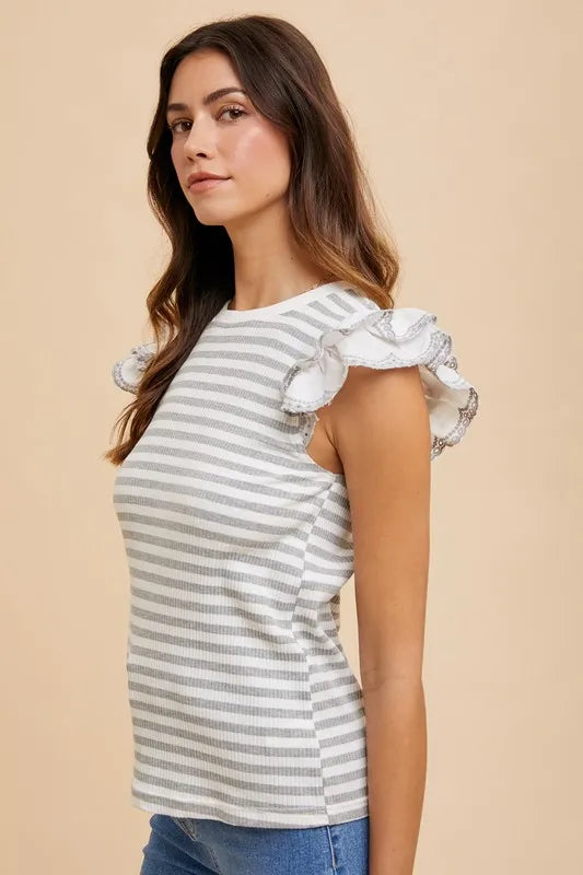 Annie Wear Ruffled Striped Round Neck Cap Sleeve Knit Top - Brittney MADE