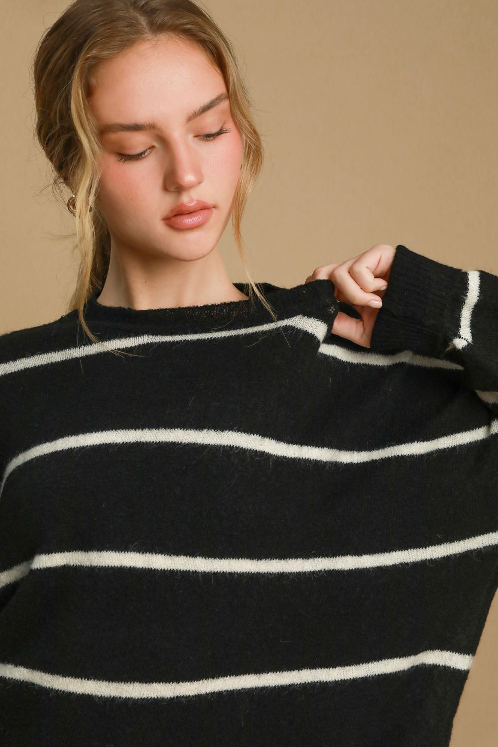 Umgee Wool Blend Striped Round Neck Sweater - Brittney MADE