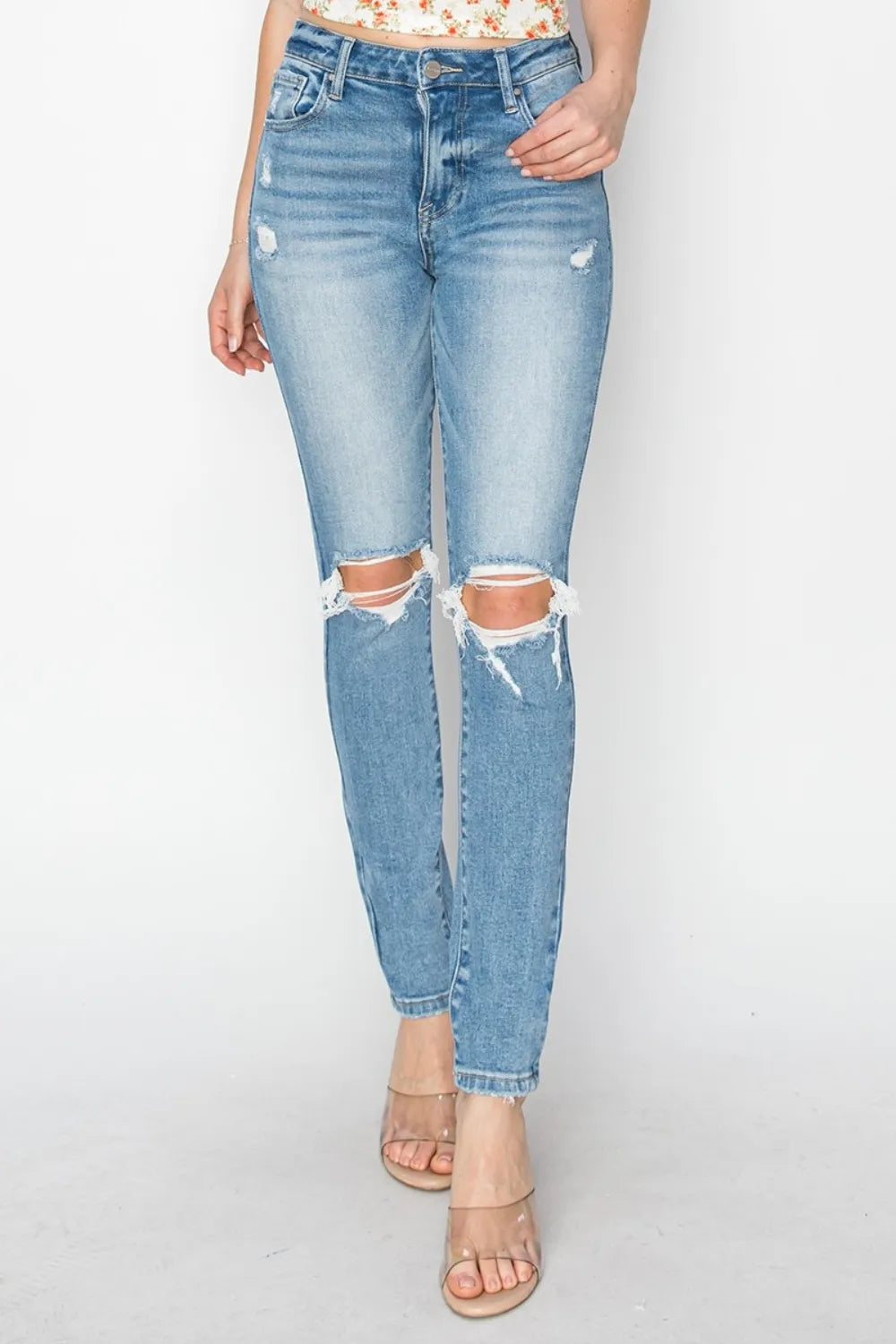 Risen Full Size High Rise Knee Distressed Skinny Jeans - Brittney MADE