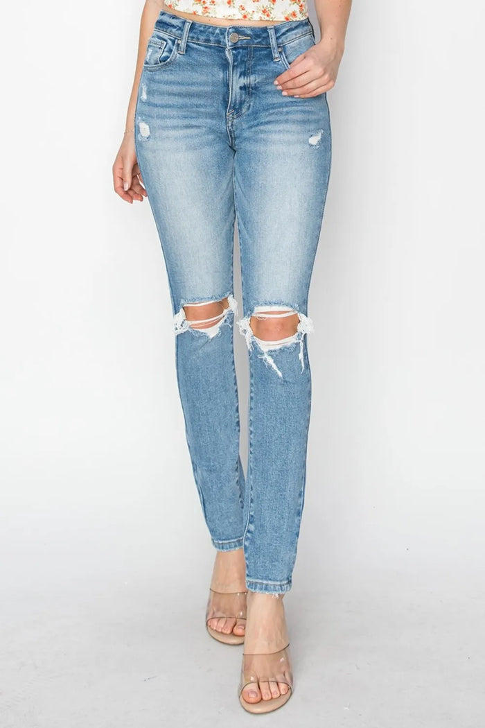 Risen Full Size High Rise Knee Distressed Skinny Jeans - Brittney MADE