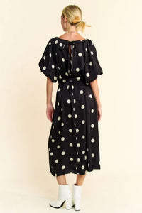 Davi & Dani Polka Dot Puff Sleeves Waist Tie Midi Dress - Brittney MADE