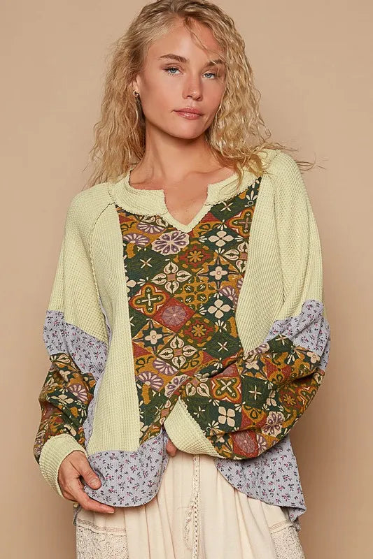 POL Exposed Seam Printed Notched Raglan Sleeve Knit Top - Brittney MADE