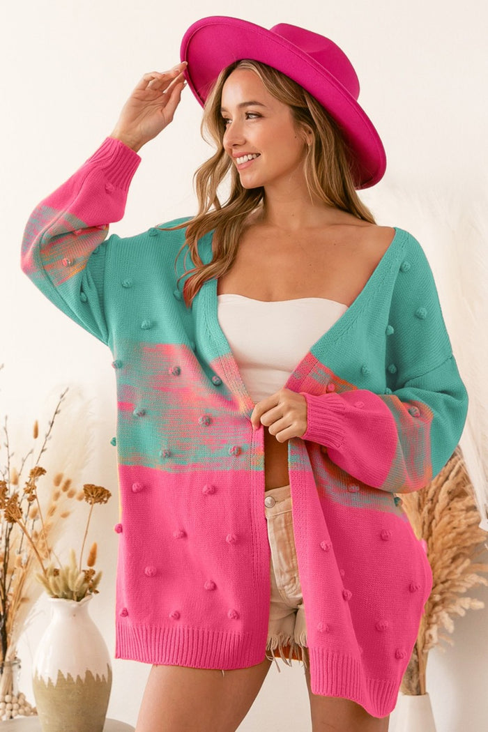 BiBi Color Block Ponpon Sweater Cardigan - Brittney MADE
