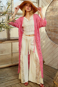 POL Tied Crochet 3/4 Sleeve Longline Cardigan - Brittney MADE
