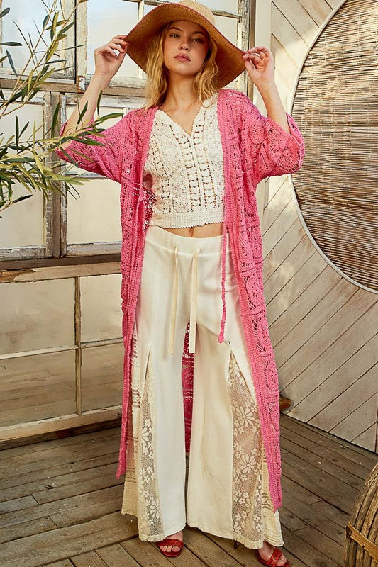POL Tied Crochet 3/4 Sleeve Longline Cardigan - Brittney MADE