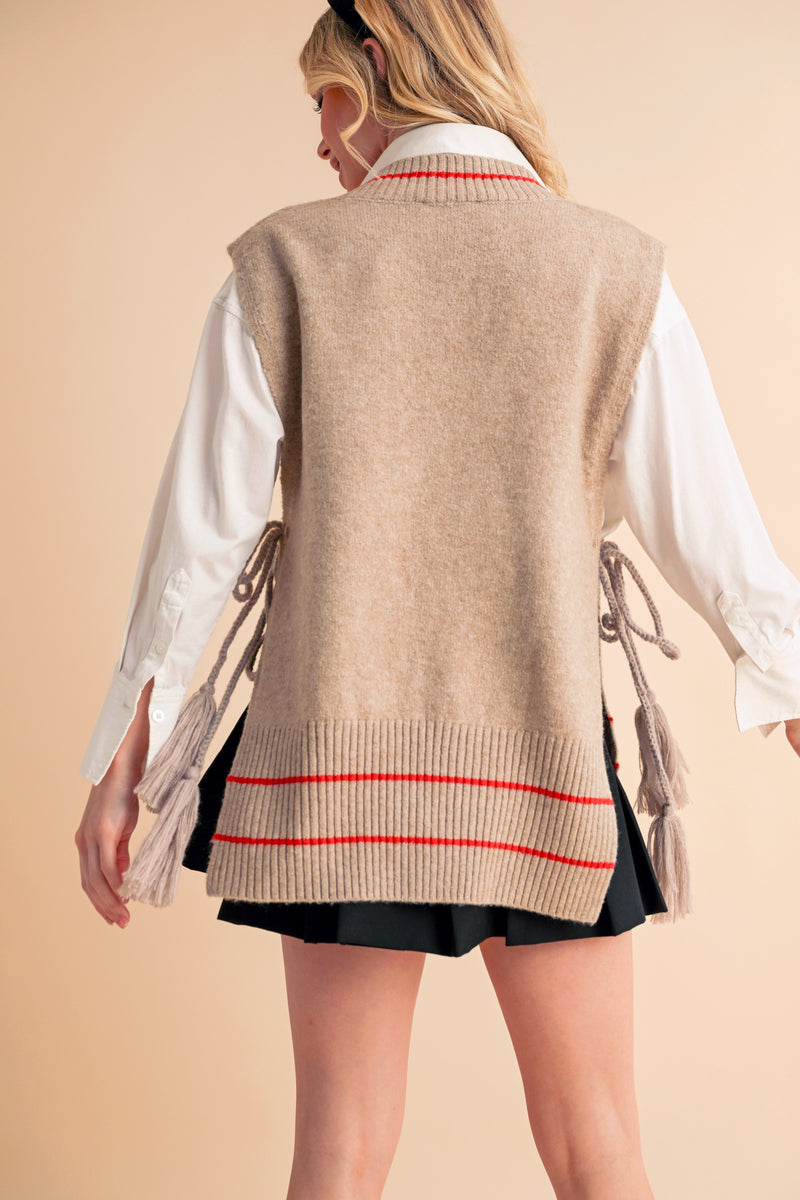 Aemi + Co Ribbed V-Neck Sweater Vest with Tassel - Brittney MADE