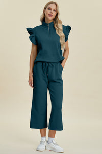 Double Take Full Size Texture Ruffle Short Sleeve Top and Wide Leg Pants Set - Brittney MADE