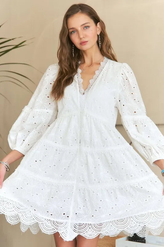 ADORA Lace Detail Tiered Eyelet V-Neck Babydoll Dress - Brittney MADE