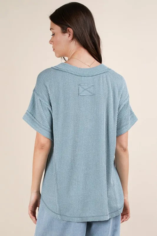 VERY J Full Size Soft Two Tone Casual Comfy Ribbed Knit Top Plus Size - Brittney MADE