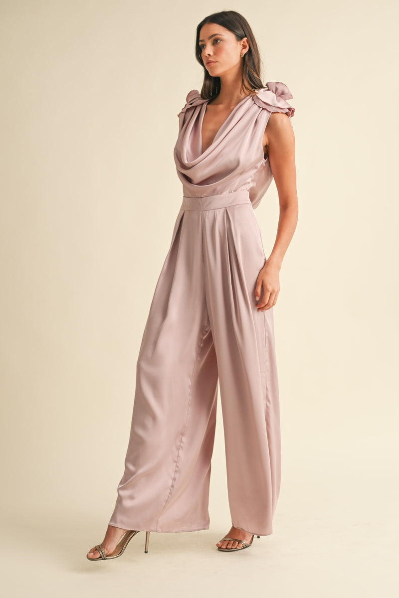 MABLE 3D Floral Applique Deep Cowl Neck Jumpsuit - Brittney MADE