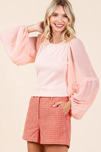 Mittoshop Mixed Media Textured Knit Chiffon Long Sleeve Top - Brittney MADE