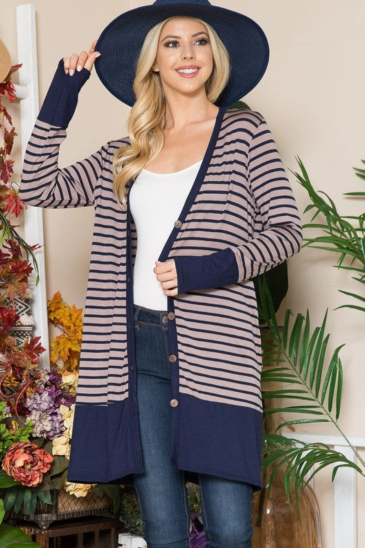 Celeste Full Size Striped Button Up Long Sleeve Cardigan Plus Size - Brittney MADE
