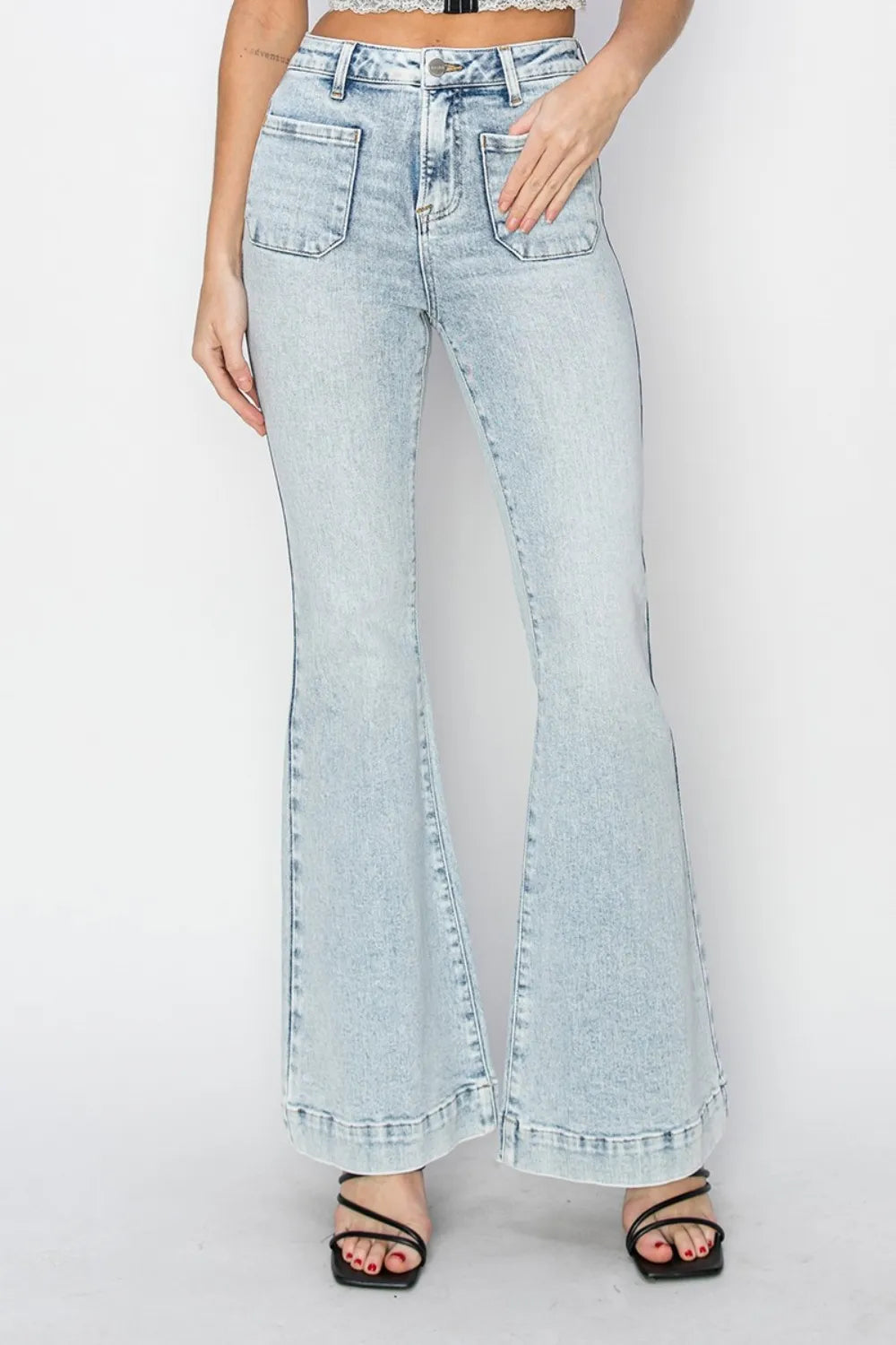 Risen Full Size High Rise Front Patch Pocket Flare Jeans - Brittney MADE