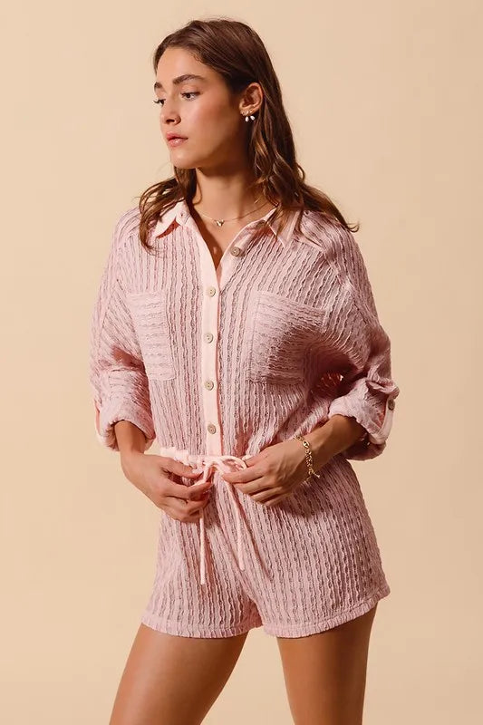 SO ME Textured Knit Button Front Romper - Brittney MADE