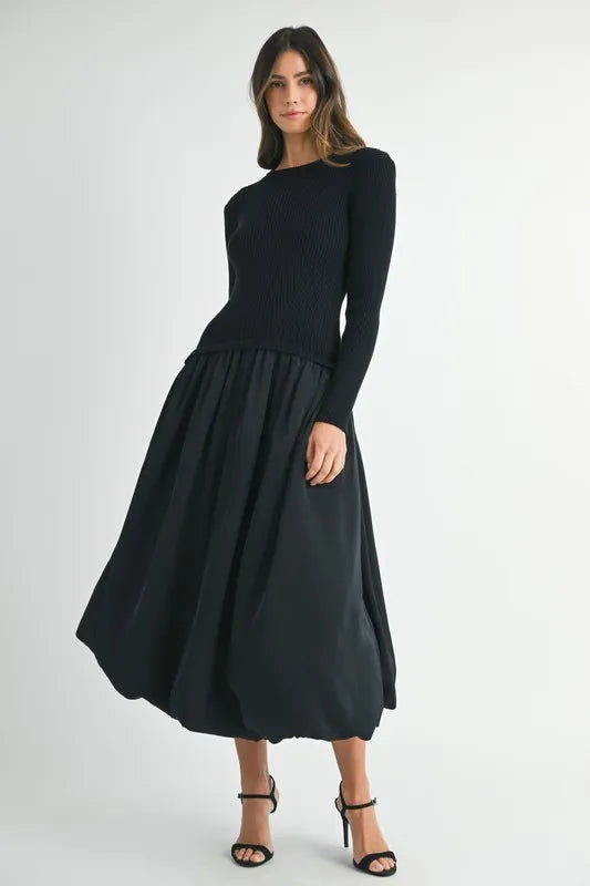 MABLE Ribbed Poplin Mix Midi Sweater Dress - Brittney MADE