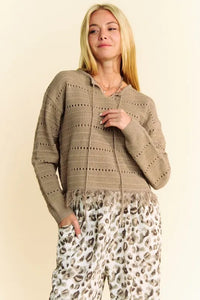 Davi & Dani Fringe Hem Openwork Drop Shoulder Knit Top - Brittney MADE