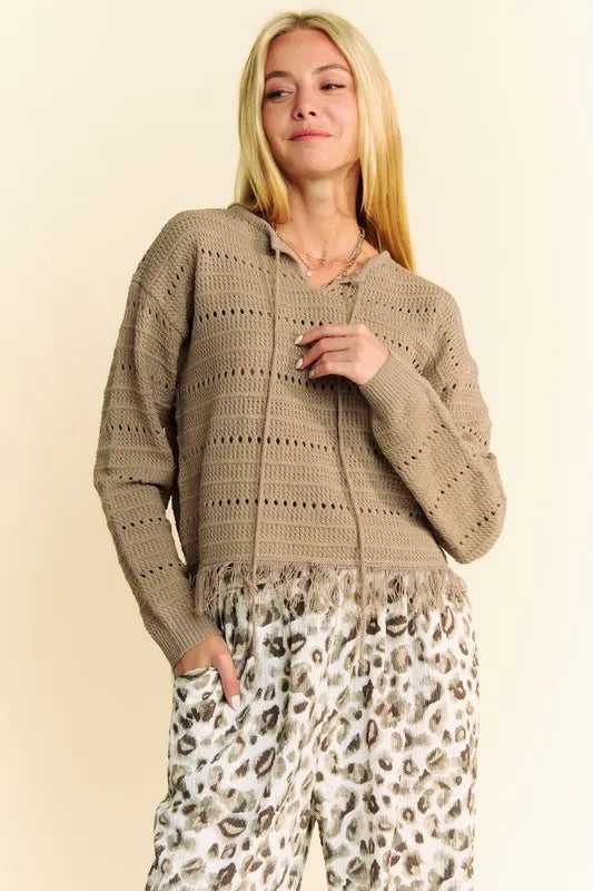 Davi & Dani Fringe Hem Openwork Drop Shoulder Knit Top - Brittney MADE