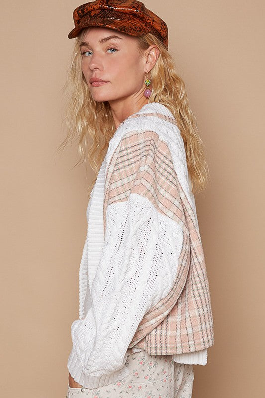 POL Cable-Knit Plaid V-Neck Button Up Cardigan - Brittney MADE
