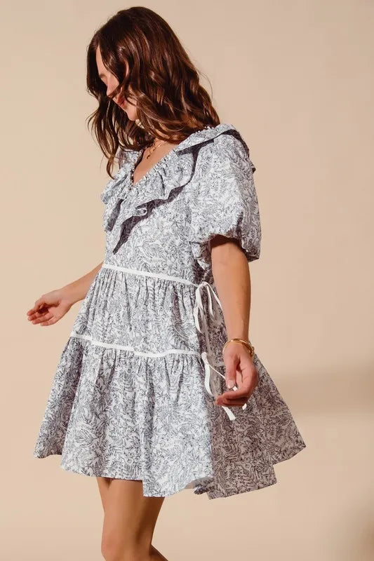 SO ME Cotton Printed Ruffle V Neckline Dress with Side Tie - Brittney MADE