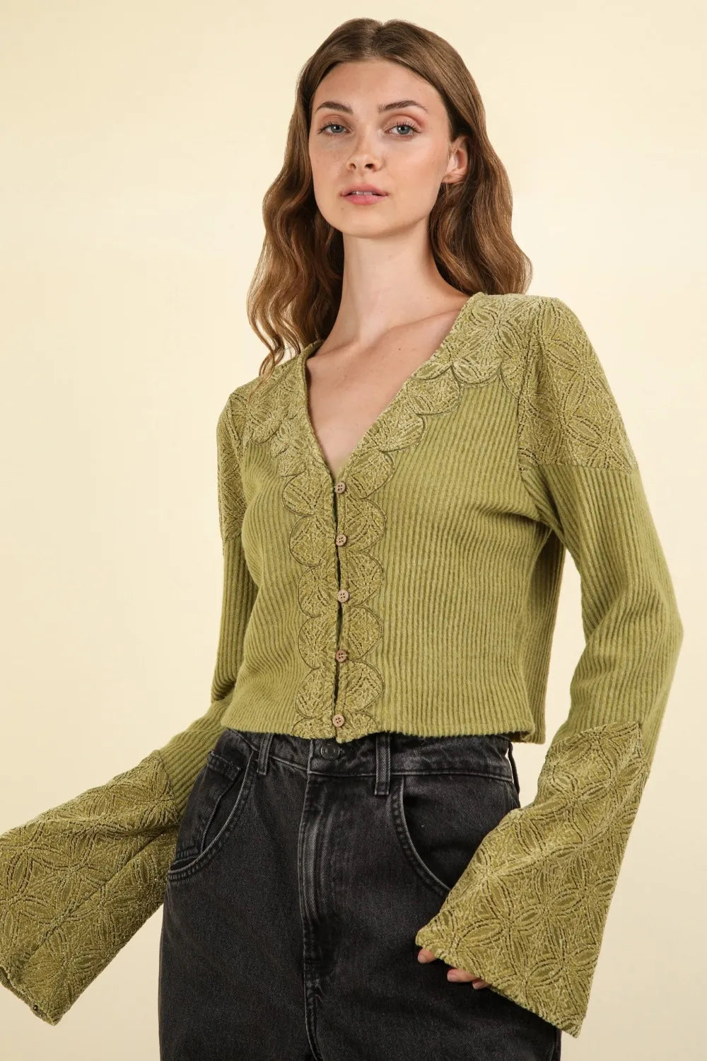 VERY J V-Neck Lace Detail Button Down Crop Ribbed Knit Top - Brittney MADE
