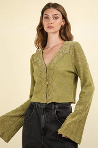 VERY J V-Neck Lace Detail Button Down Crop Ribbed Knit Top - Brittney MADE