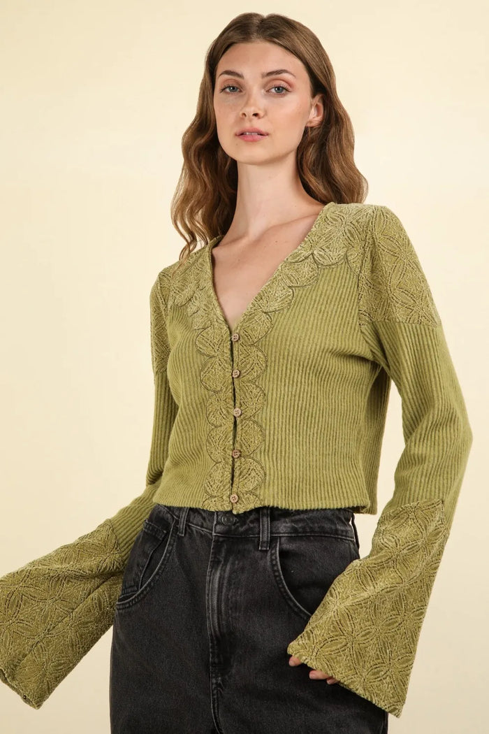 VERY J V-Neck Lace Detail Button Down Crop Ribbed Knit Top - Brittney MADE