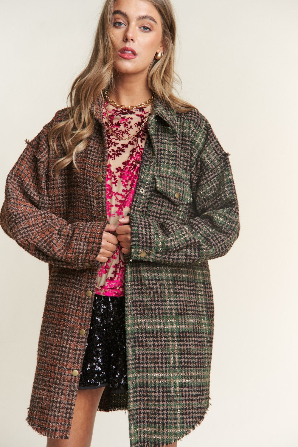 J.NNA Snap Down Tweed Plaid Contrast  Longline Shacket - Brittney MADE