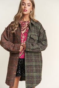 J.NNA Snap Down Tweed Plaid Contrast  Longline Shacket - Brittney MADE