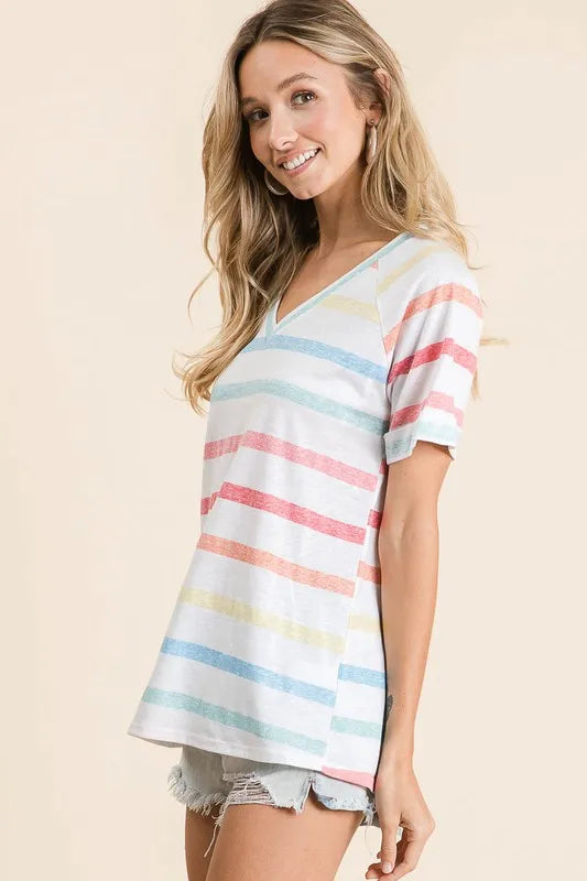 BiBi Striped V-Neck Short Sleeve T-Shirt - Brittney MADE