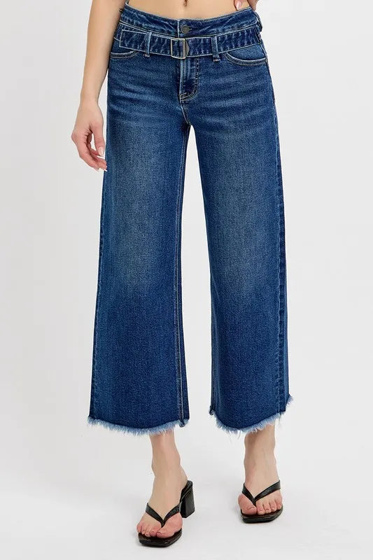 RISEN Raw Hem Wide Leg Attached Buckle Jeans - Brittney MADE