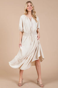 Ces Femme Smocked Elastic Waist Tie Neck Puff Sleeve Dress - Brittney MADE