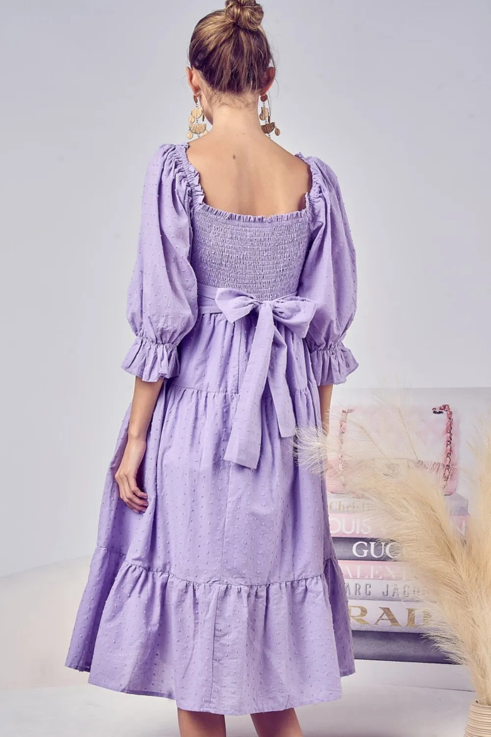 BiBi Swiss Dot Flounce Sleeve Smocked Tiered Midi Dress - Brittney MADE