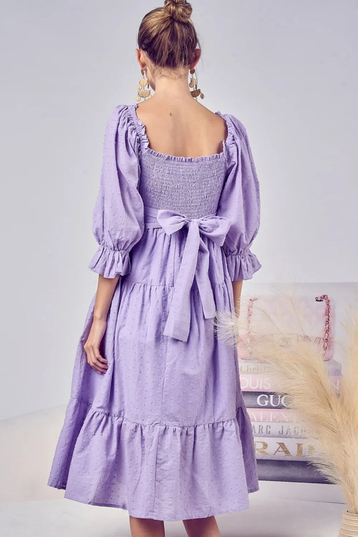 BiBi Swiss Dot Flounce Sleeve Smocked Tiered Midi Dress - Brittney MADE