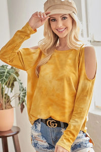 BiBi Tie-Dye French Terry Round Neck Cold Shoulder T-Shirt - Brittney MADE