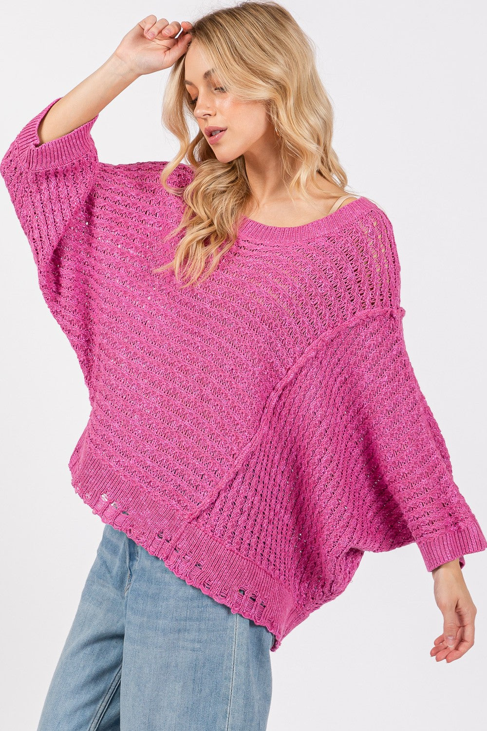 SAGE + FIG Distressed Asymmetrical Open Stitch Sweater - Brittney MADE