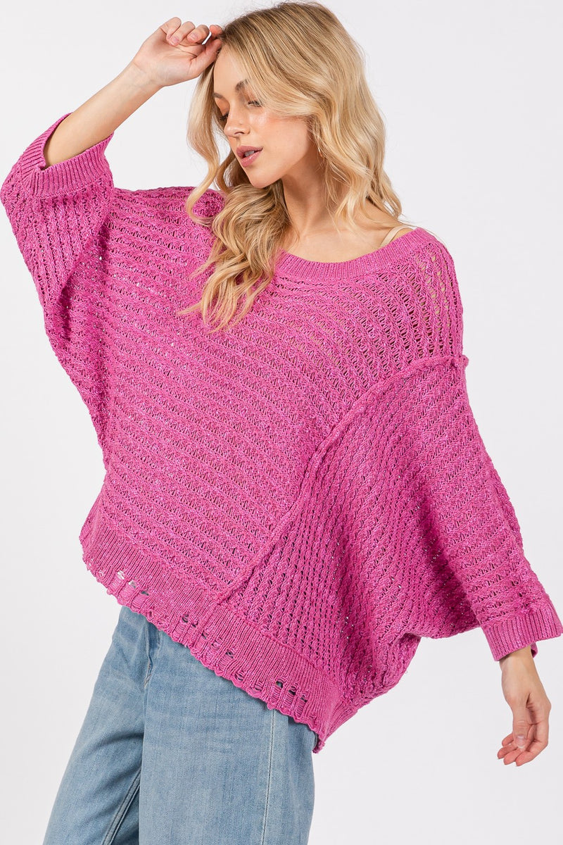 SAGE + FIG Distressed Asymmetrical Open Stitch Sweater - Brittney MADE