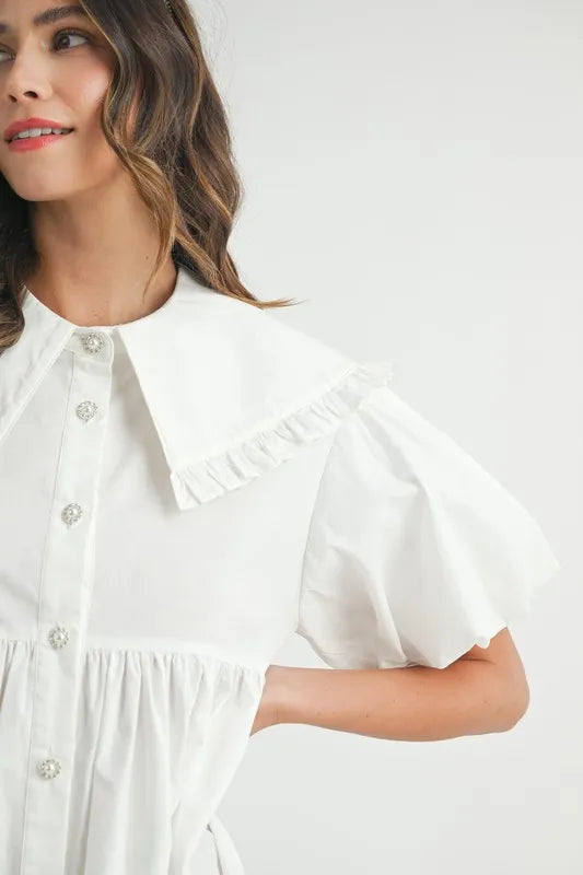MABLE Ruffled Hem Peter Pan Collar Button Down Mini Dress - Brittney MADE