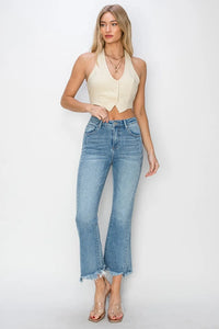 RISEN Full Size High Rise Frayed Hem Flare Jeans - Brittney MADE