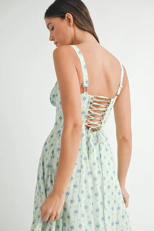 MABLE Floral Print Bustier Back Lace Up Midi Dress - Brittney MADE