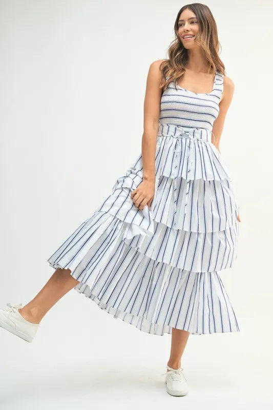 MABLE Pin Stripe Smocked Bodice Layered Midi Dress - Brittney MADE