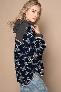 POL Butterfly Waffle-Knit Half Button Hooded Knit Top - Brittney MADE