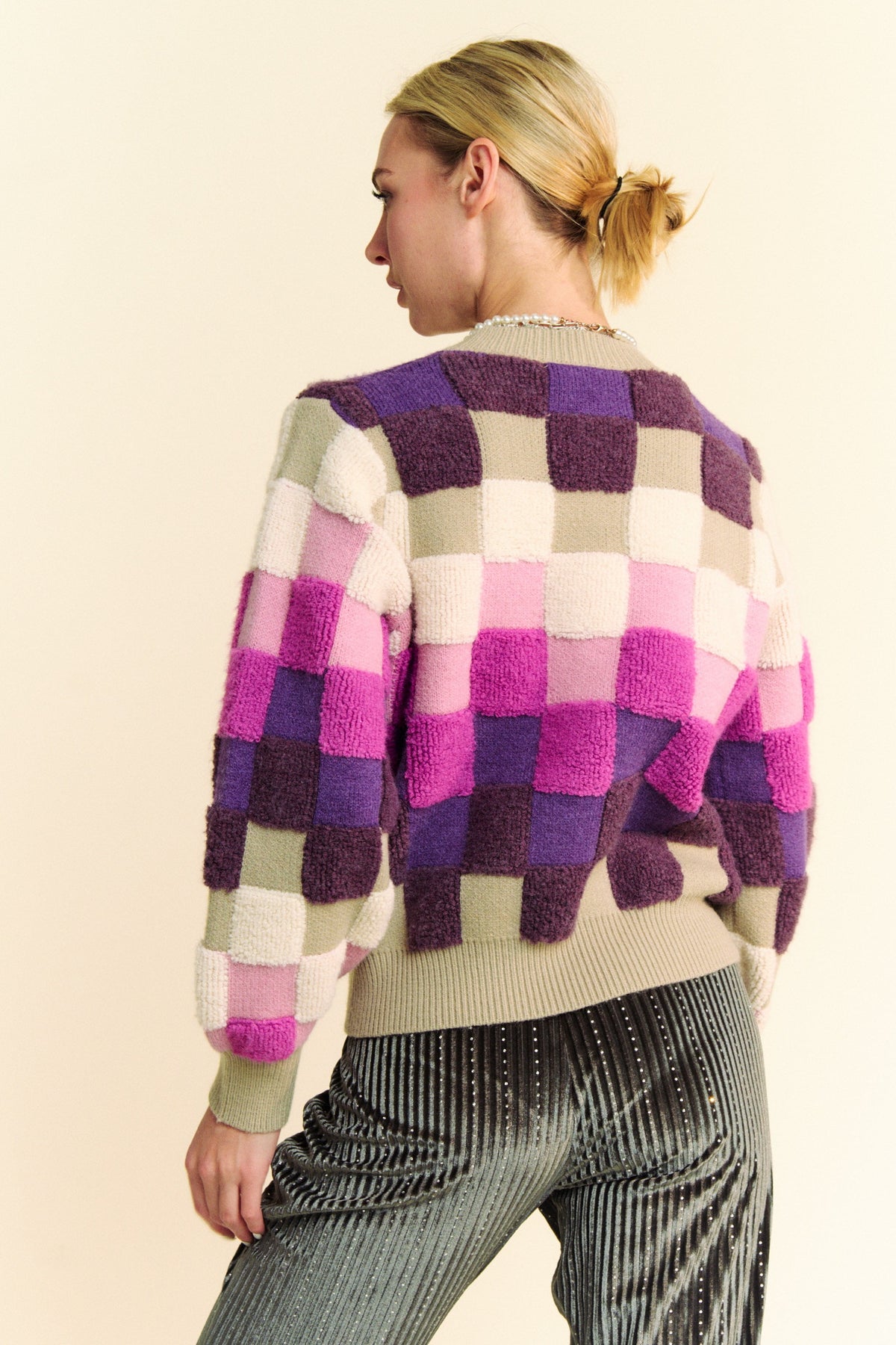 Davi & Dani Checkered Round Neck Long Sleeve Sweater - Brittney MADE