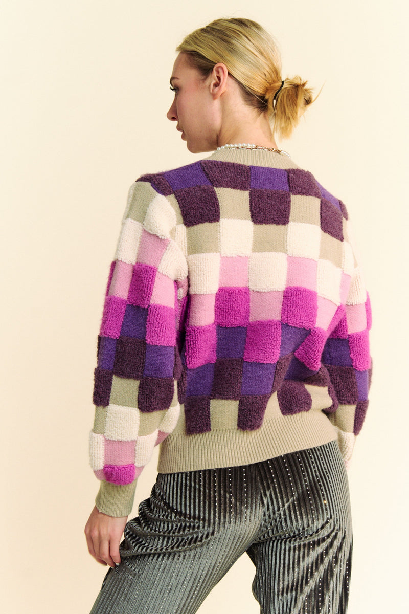 Davi & Dani Checkered Round Neck Long Sleeve Sweater - Brittney MADE