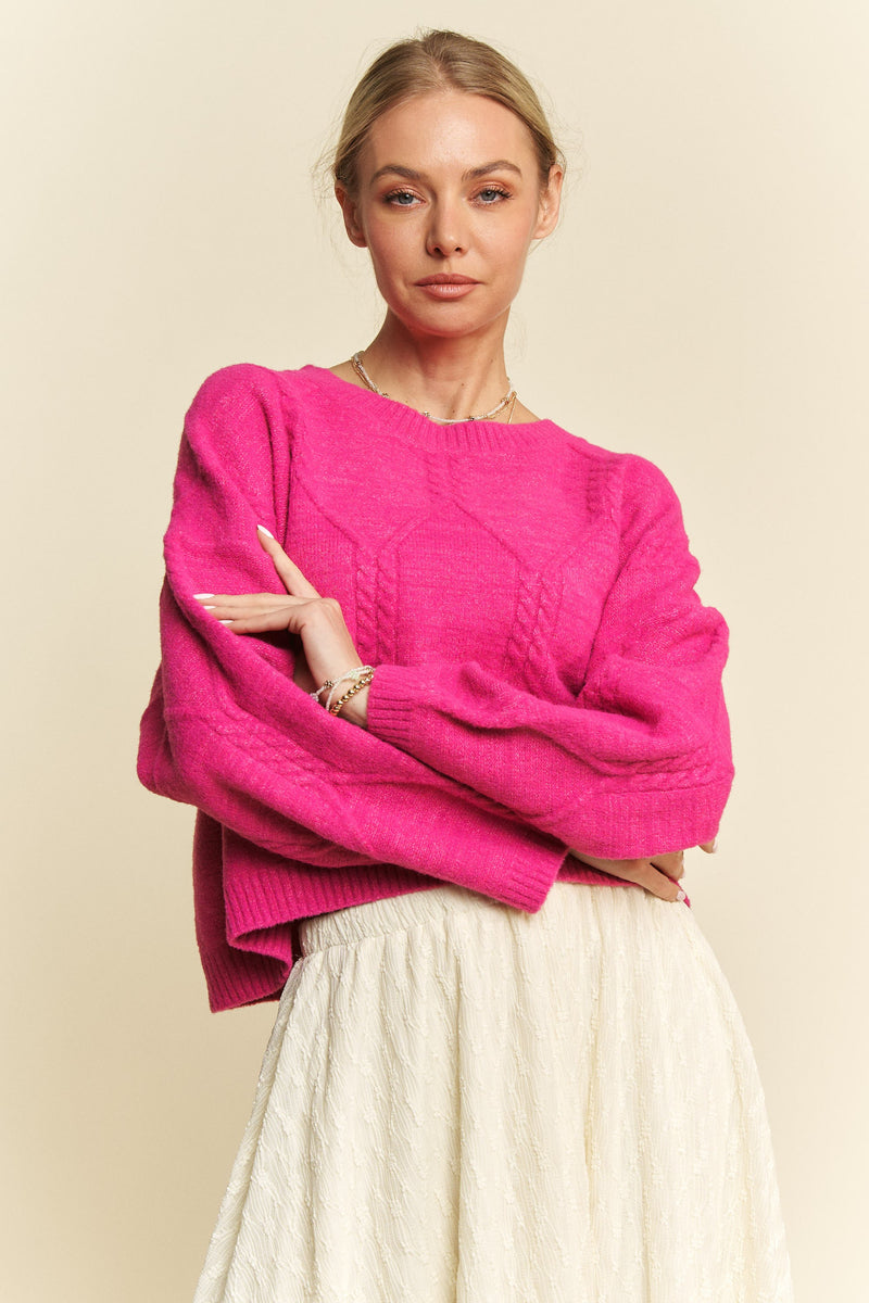 Davi & Dani Diamond Cable Pattern Drop Shoulder Sweater - Brittney MADE