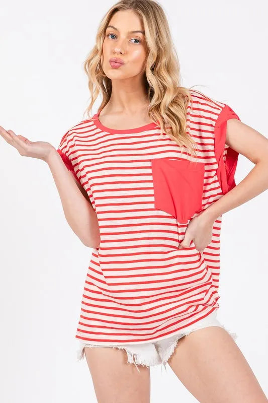 Ces Femme Side Slit Striped Cap Sleeve T-Shirt - Brittney MADE