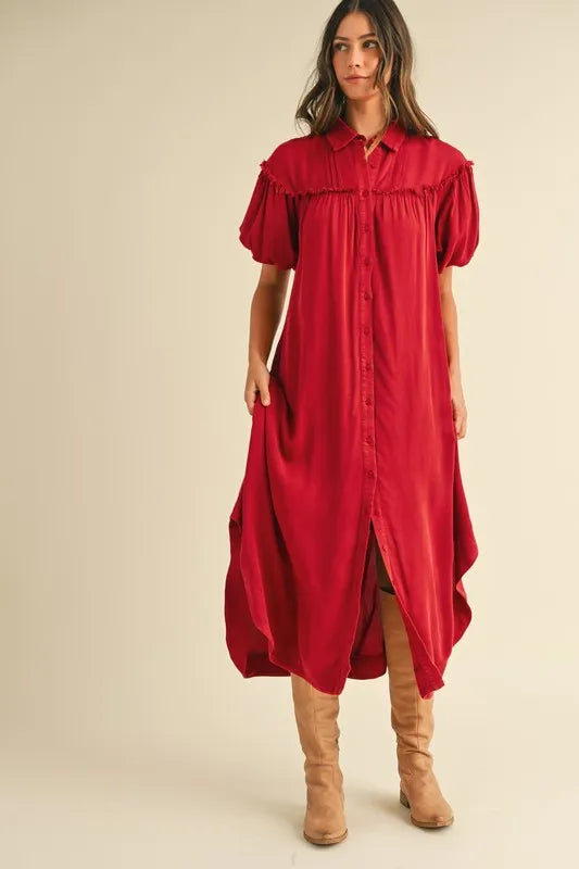Annie Wear Mineral Washed Button Down Puff Sleeve Shirt Dress - Brittney MADE