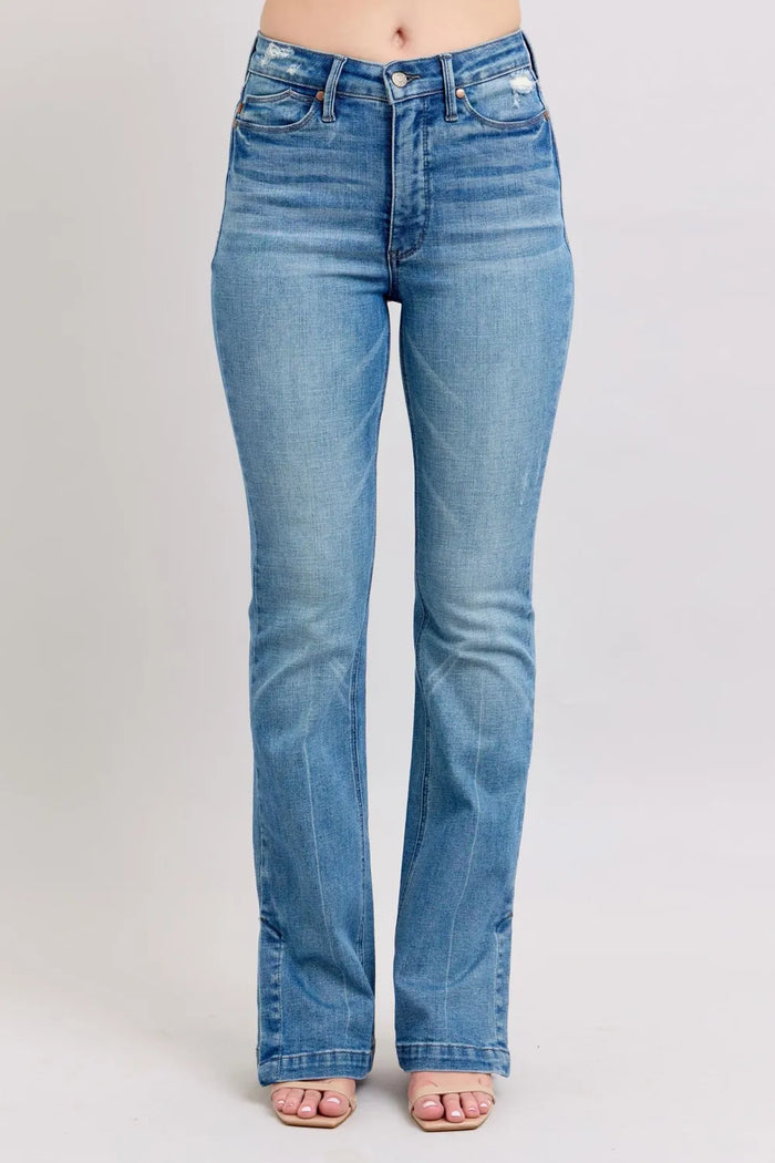 Judy Blue HW Tummy Control Vintage Wash Side Slit Slim Boot Jeans - Brittney MADE