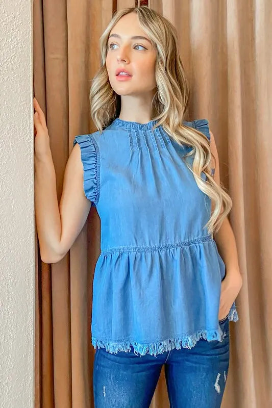 And The Why Chambray Ruffle Sleeveless Top - Brittney MADE