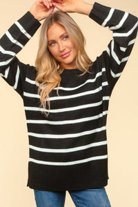 Haptics Full Size Striped Contrast Side Slit Sweater - Brittney MADE